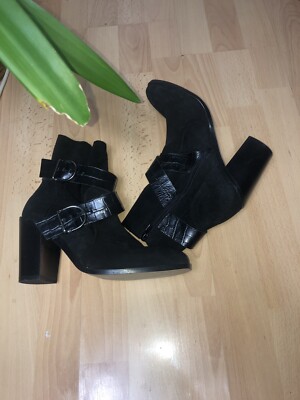 River Island Black Cowboy Leather Suede Buckle Heel Boots UK7