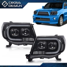 Black Housing LED Tube Dual Projector Headlights Fit For 2005-2011 Toyota Tacoma