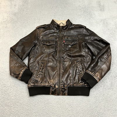 Levis Jacket Mens Medium Brown Sherpa Lined Polyurethane Full Zip Biker Red Tab