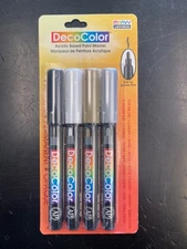 Uchida DecoColor Fine Tip Acrylic Paint Markers 4/Pkg-Black, White, Gold And Sil