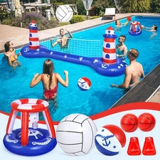 Pool Volleyball Net &Basketball Hoop Inflatable Pool Floats Toys Swimming Wat...