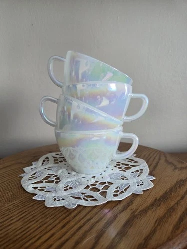 4 Vintage Federal Glass Iridescent Pearl Tea Cup No Pattern On Glass