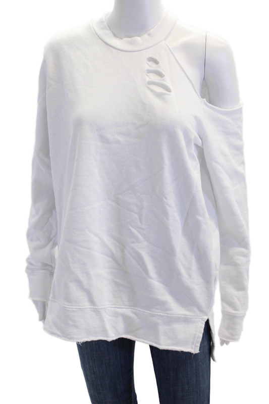 Amade Womens Cotton Distressed Long Sleeve Pullover Sweatshirt Top White Size S