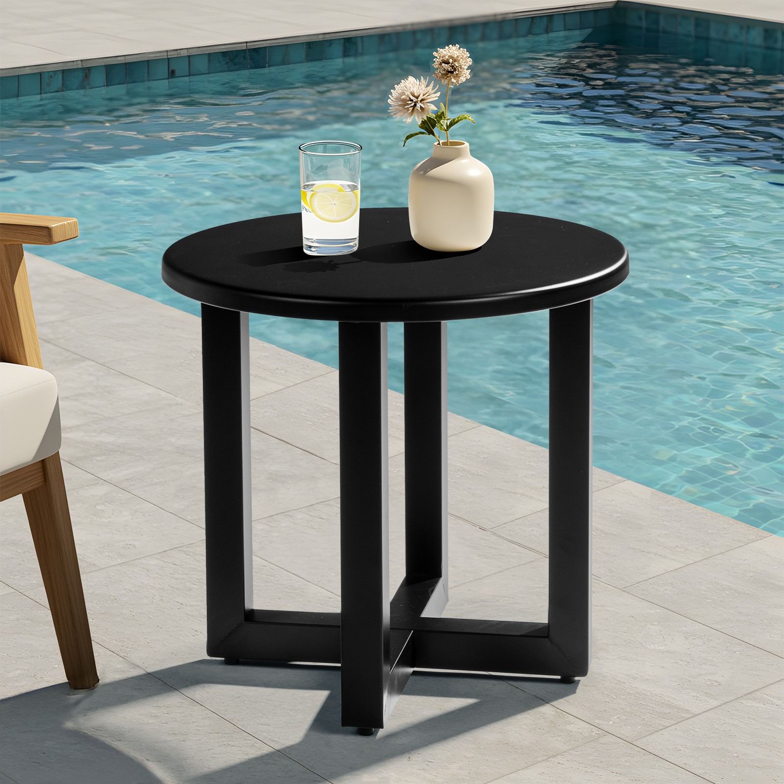 Patio Bistro Side Table 18in Portable In/Outdoor Black Round Weather Resistant