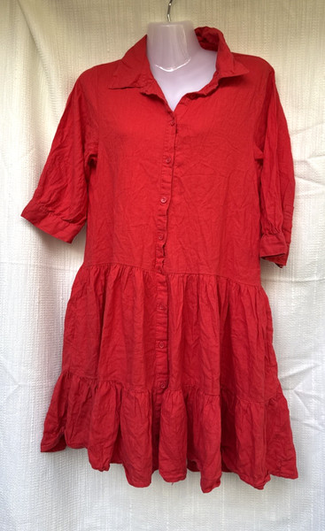 Serra Dress 8 Red Linen Viscose Blend Tiered Shirt Dress Button Up Casual