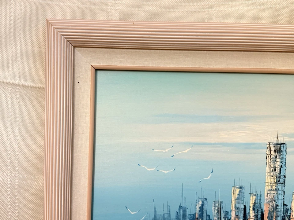 H. Durant Oil Painting Modern Skyline Seascape Mid Century 1960s Blue Tones - Image 4 of 4