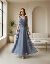 Gray Bridesmaid Dress Size 14 Chiffon Pleated Crystal Formal Wedding Guest  Prom