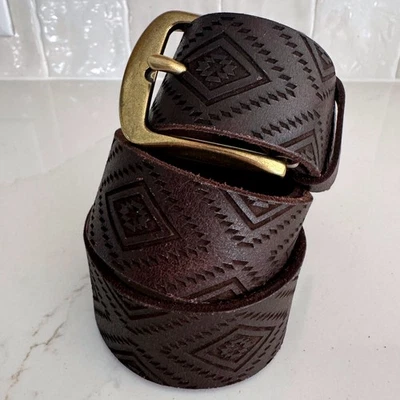 Lucky Brand Diamond Embossed Leather Belt Men 34 Brown Southwestern Brass NEW - Image 1 of 4