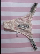 Victorias Secret Pink BRIDESMAID Bling Strap Thong Panty Size S Floral Lace Bod
