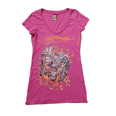 Vintage Ed Hardy T Shirt Womens Small Pink Double Sided Graphic