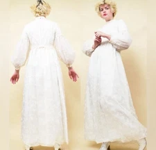 Vintage Lorrie Deb SF Cream Sheer Puff SleeveVelvet FloralHigh Neck dress