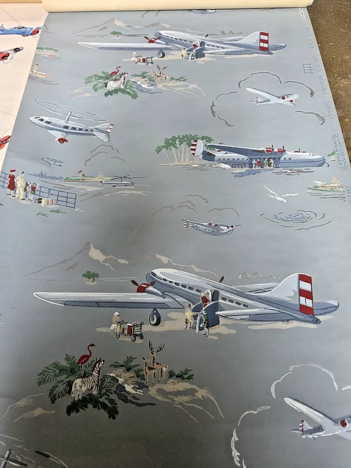 FUN Vtg LOT of 2 1940's AIRPLANE Wallpaper Partial Rolls - Image 1 of 4