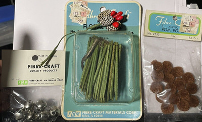 Fibre Craft Vintage Lot Floral picks jingle bells pom poms NOS