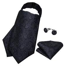 Barry Wang Mens Ascot Black Designer Paisley Cravet Tie Hankie Cufflinks Set