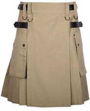 Khaki Utility Kilt for Men with Pockets and Straps   Gothic Tactical Style