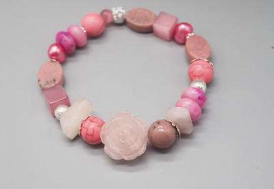 Armband Damen Rosenquarz Blume Koralle Rhodonit rosa Stretcharmband