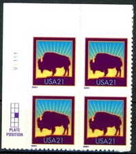 Bison at Sunset Plate Block of 4 UL Plate V1111 MNH Scott's 3468