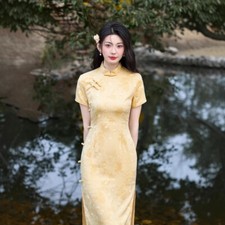2025 Summer New Cheongsam New Chinese Yellow Silk Women's Cheongsam Qipao Dress