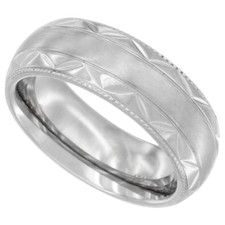 Stainless Steel Engraved Zigzag Pattern Wedding Band Ring, Milgrain Edges