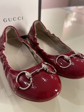 Girls Gucci 27 Candy Apple Red Patent Leather Silver Horse bit Ballet Flats US10