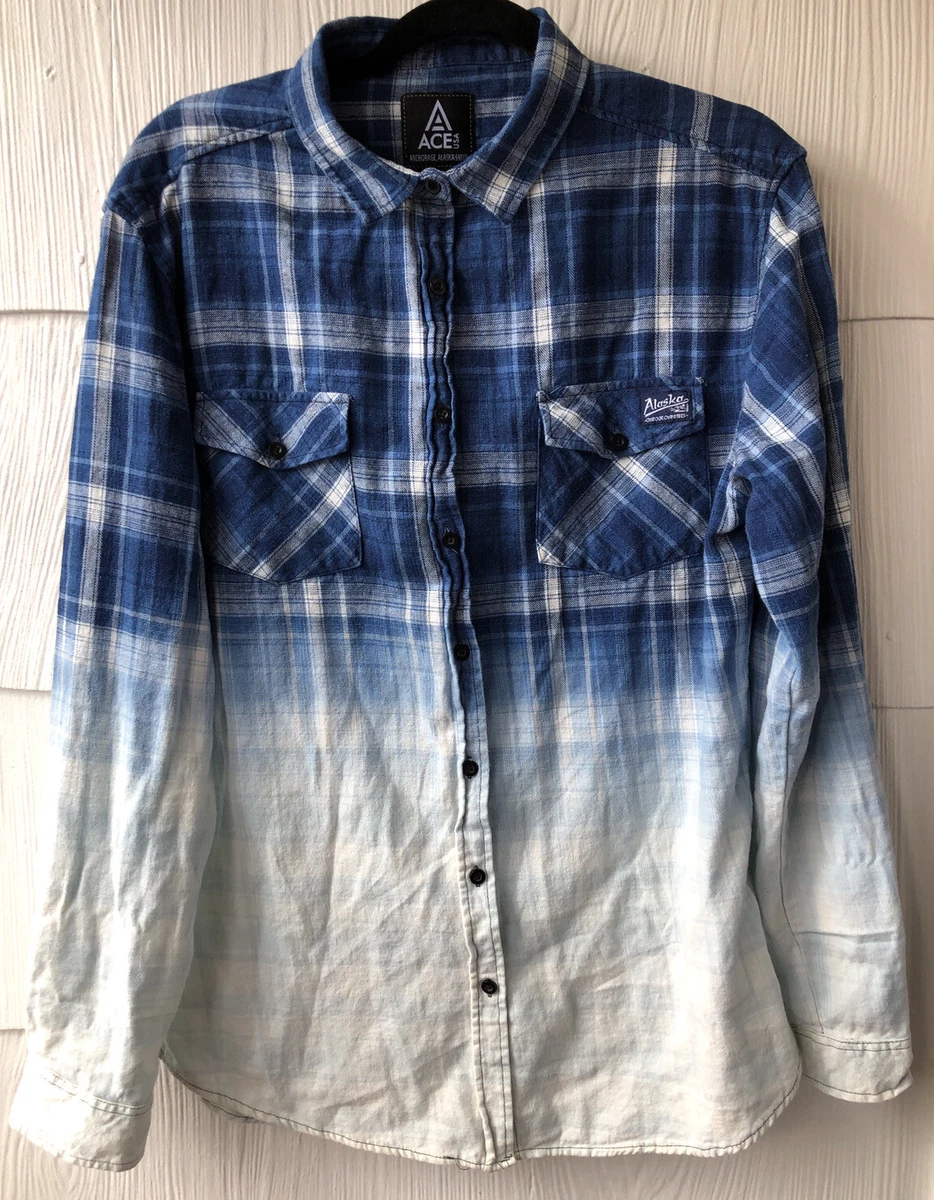 ACE Usa Mens Large Blue Plaid Flannel Long Sleeve Button Down