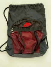 Nike Drawstring Backpack Cinch Sack Black Red Swoosh Mesh Front Pocket Pouch Bag