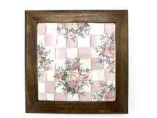 MacKenzie Childs Honeymoon Rose Pink Wood Framed Ceramic 6 In Square Tile Trivet