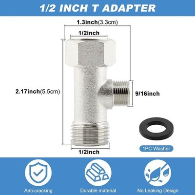 Bidet T Adapter, 3 Way Adapter or Tee Connector (Thread Size 1/2  X 1/2  X 9/16 