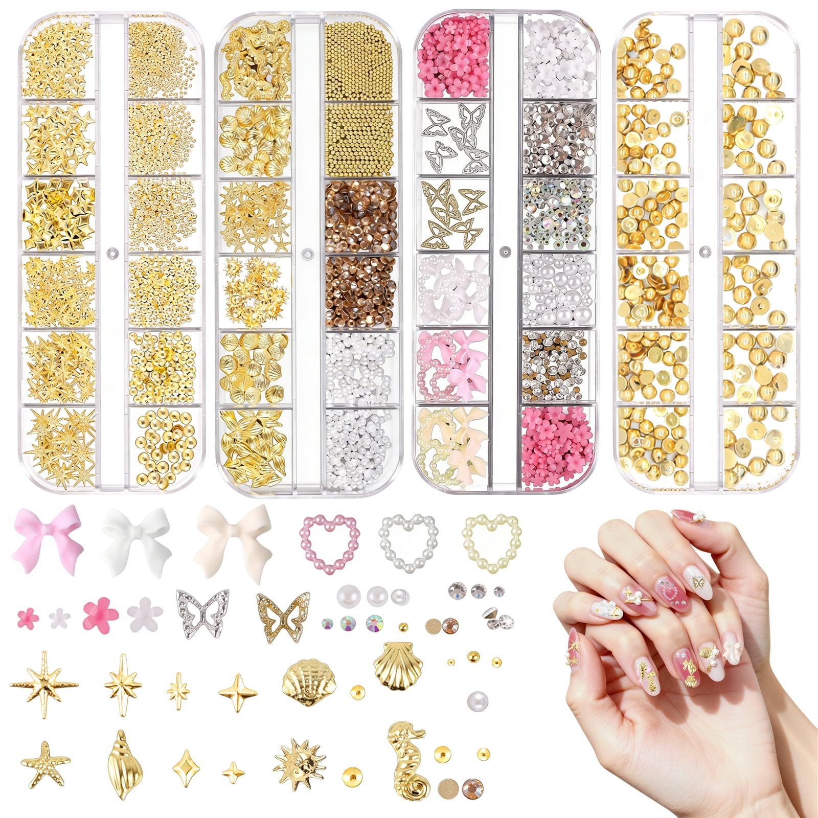 Boîtes de décorations pour ongles dorées avec breloques 3D de taille variée x4