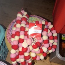 Ashland Valentine's Day Pom Pom Garland 6 ft Fabric Red Pink White