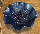 Antique Northwood Carnival Electric Blue High Lights Poppy Show Ruffled Bowl
