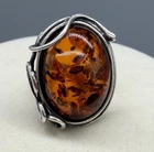 Vintage Sterling Silver Baltic Amber Ring Organic Leaf Vine Design Size 6
