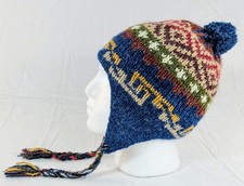 Colorful Soft Alpaca Chullo Blue Beanie Pom Pom Earflap Unisex Handmade Boho