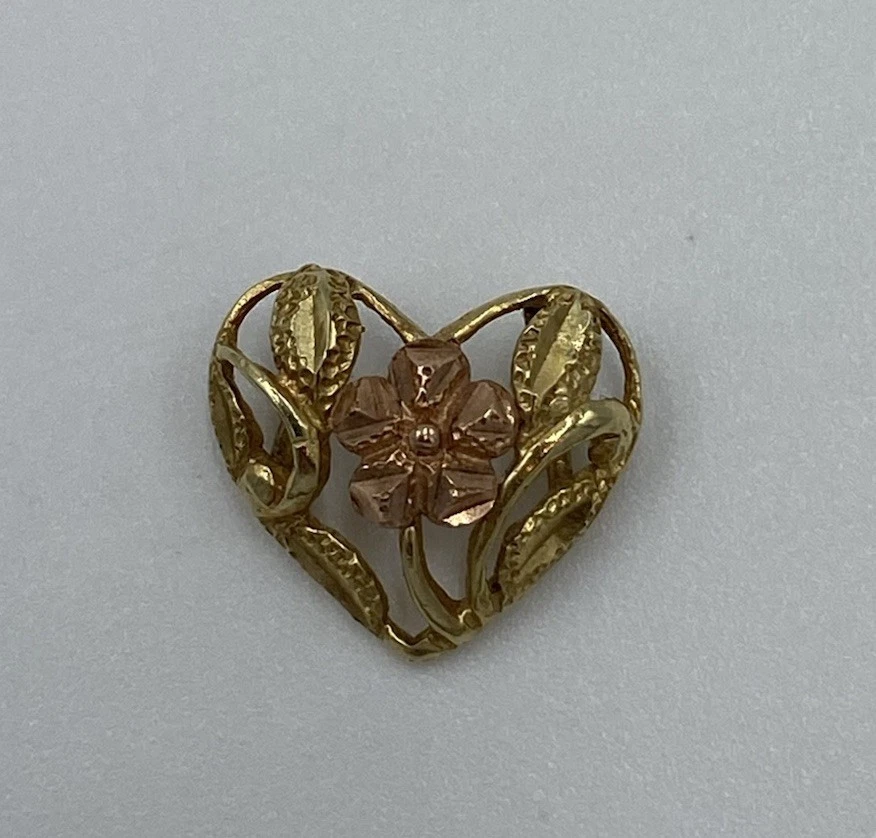 10 Kt Black Hills Gold Heart Flower Charm Yellow Rose Slider Pendant .81g Dainty - Image 3 of 4
