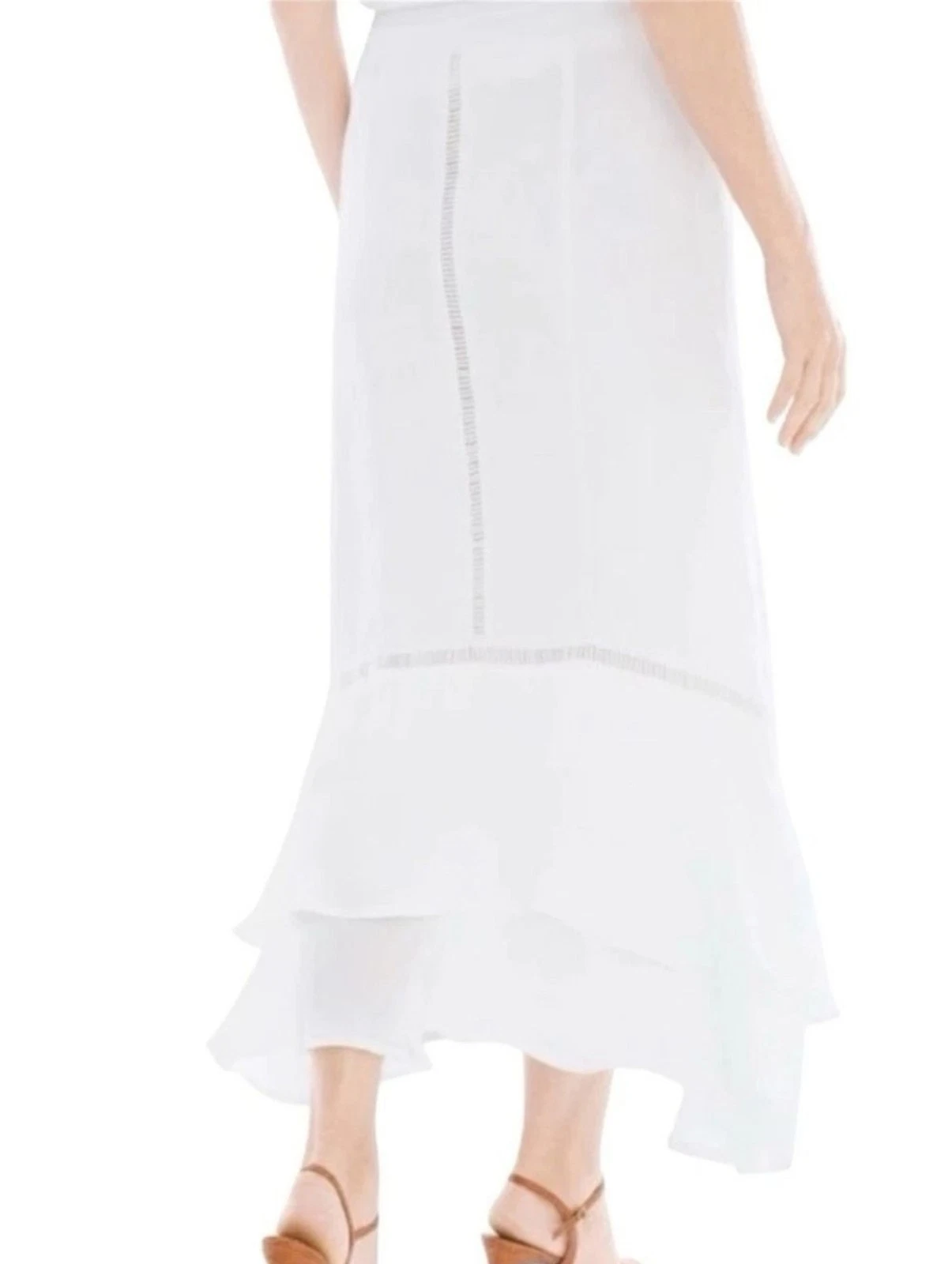 NWT Chico's White Linen Ruffle Hem Midi Skirt Size 0 Small Ethereal Fairy