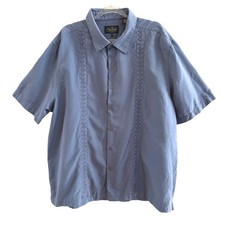 Nat Nast Mens XXL Blue Gray Silk Cotton Regular Fit Bowling Shirt Embroidered
