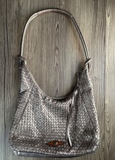 Elliott Lucca Silver Woven Leather Shoulder Hobo Bag w/ Zipper
