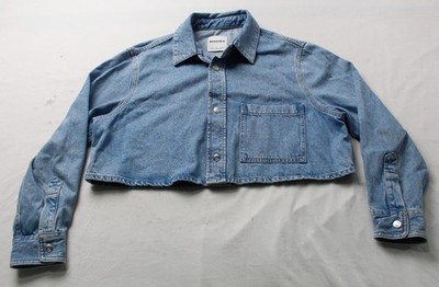 Bershka Women's Long Sleeve Button Up Cropped Denim Jacket EH6 Light Blue Large