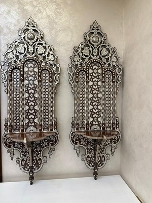 60  Pair Rare Ottoman Syrian Kavukluk Wall Bracket Shelf Mother of Pearl Inlay