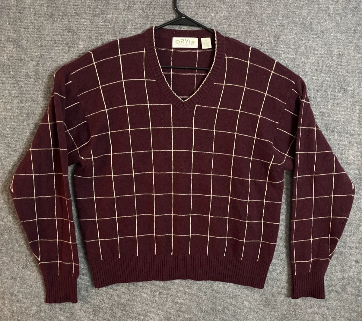 Orvis Maroon Cream Knit Windowpane Check Wool Sweater Mens XL V Neck Pullover