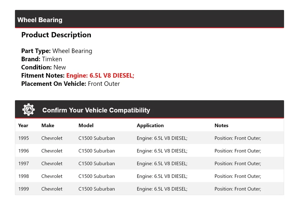 Cojinete de rueda delantero exterior Timken para Chevrolet C1500 Suburban 1995-1999 6,5 L Foto 2 de 4