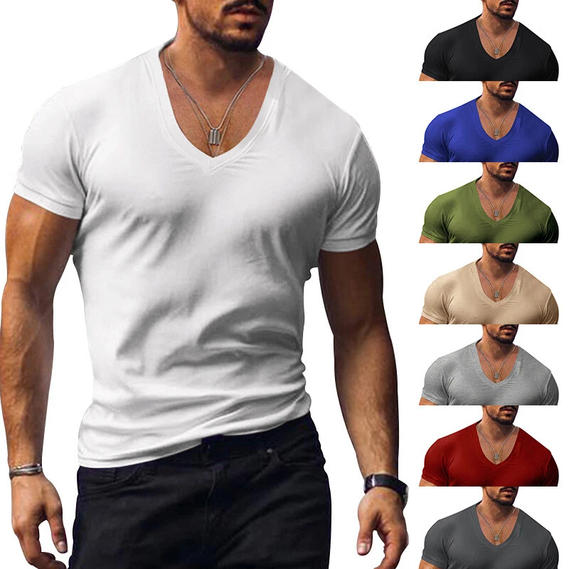 Men's T-shirt V-neck Solid Color Slim Slim Casual T-shirt Short-Sleeved Top