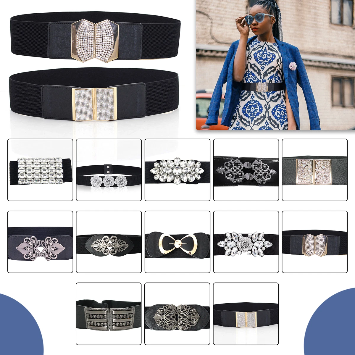 Women Ladies Diamante Buckle Wide Elastic Waist Belt Black Dress Waistband  Gown | eBay