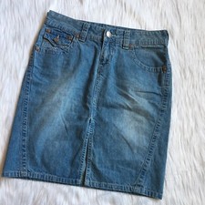 90s Vintage 32  W Union Bay Blue Denim Pencil Skirt High Rise Slit Flap Pockets