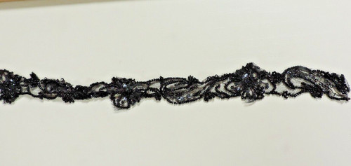 1890s Victorian Handmade Morning Beaded on Net Lace Trim in Jet Black