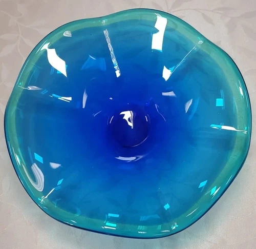 Gorgeous Vintage Murano Blooming Floral Petal Bowl Green Blue Glass Italy