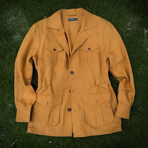 Men 100% Linen Safari Jacket Slim Hunting Coat Casual Pockets Retro Formal Coat - Picture 15 of 16