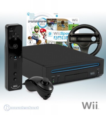 Wii Konsole #schwarz + Wii Sports + Mario Kart + orig mote Plus + Lenkrad + Zub