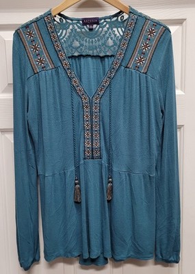 Artesia Embroidered Boho Top Size XL Teal Lace Back Tassels 