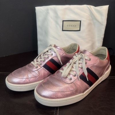 Gucci Metallic Ace Pink Leather Web Sneakers Size:EU 37(US:6.5) Stripes Lace Up